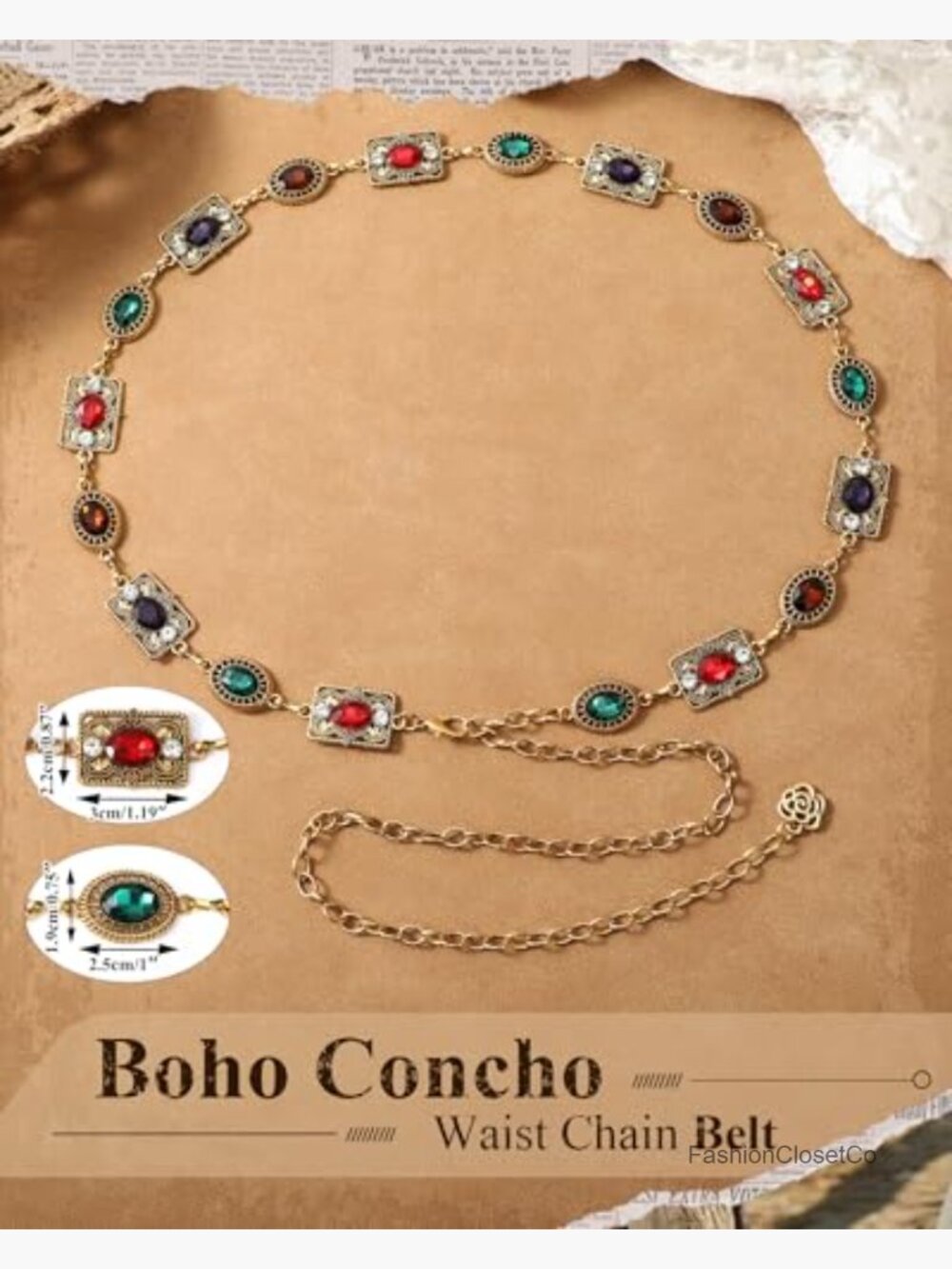 Vintage Rhinestone Gems Western Concho Chain Belt - Boho Metal Waist Chain for - Picture 3 of 7
